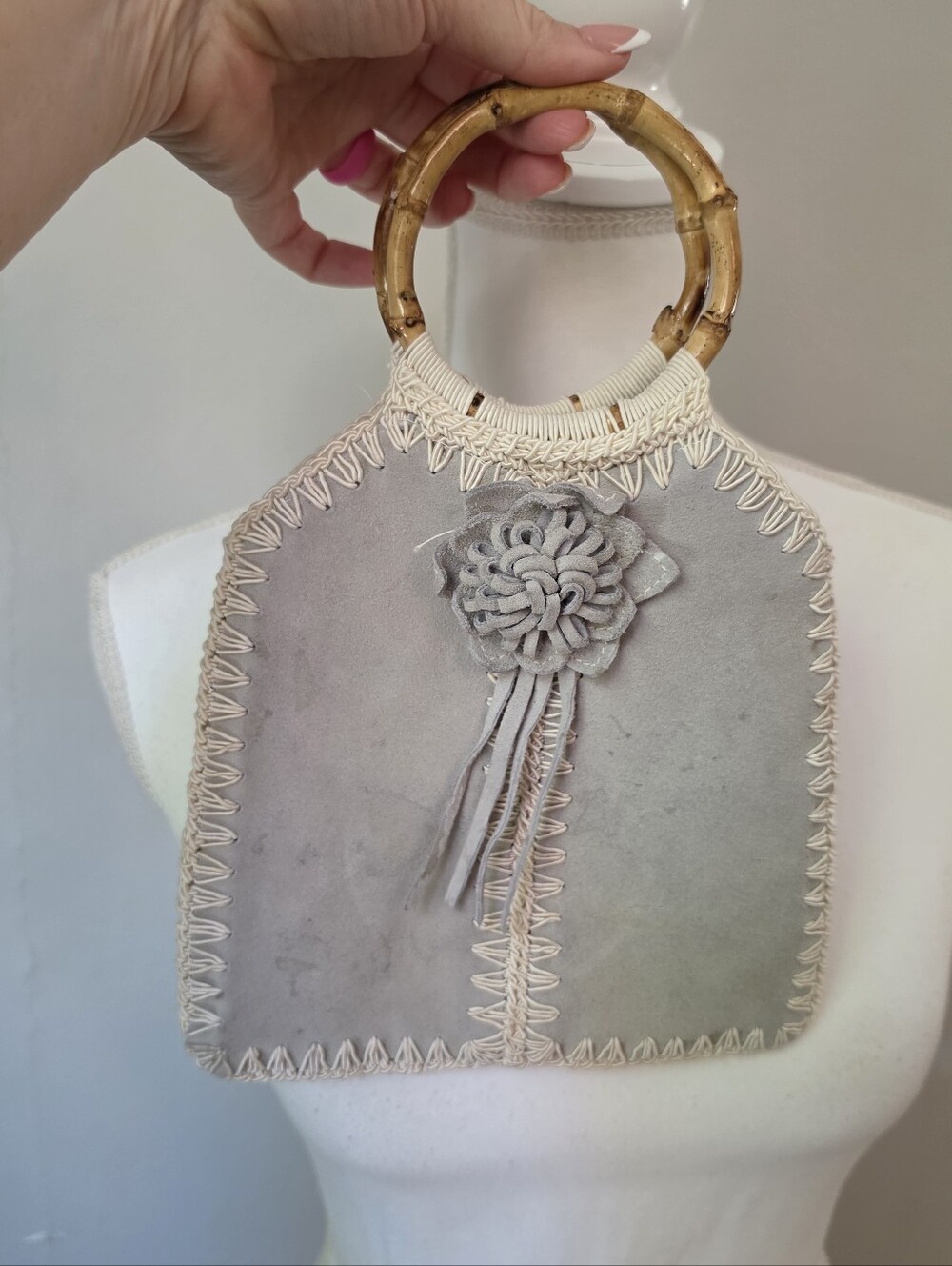 Handcrafted Suede Bamboo-Handle Mini Bag